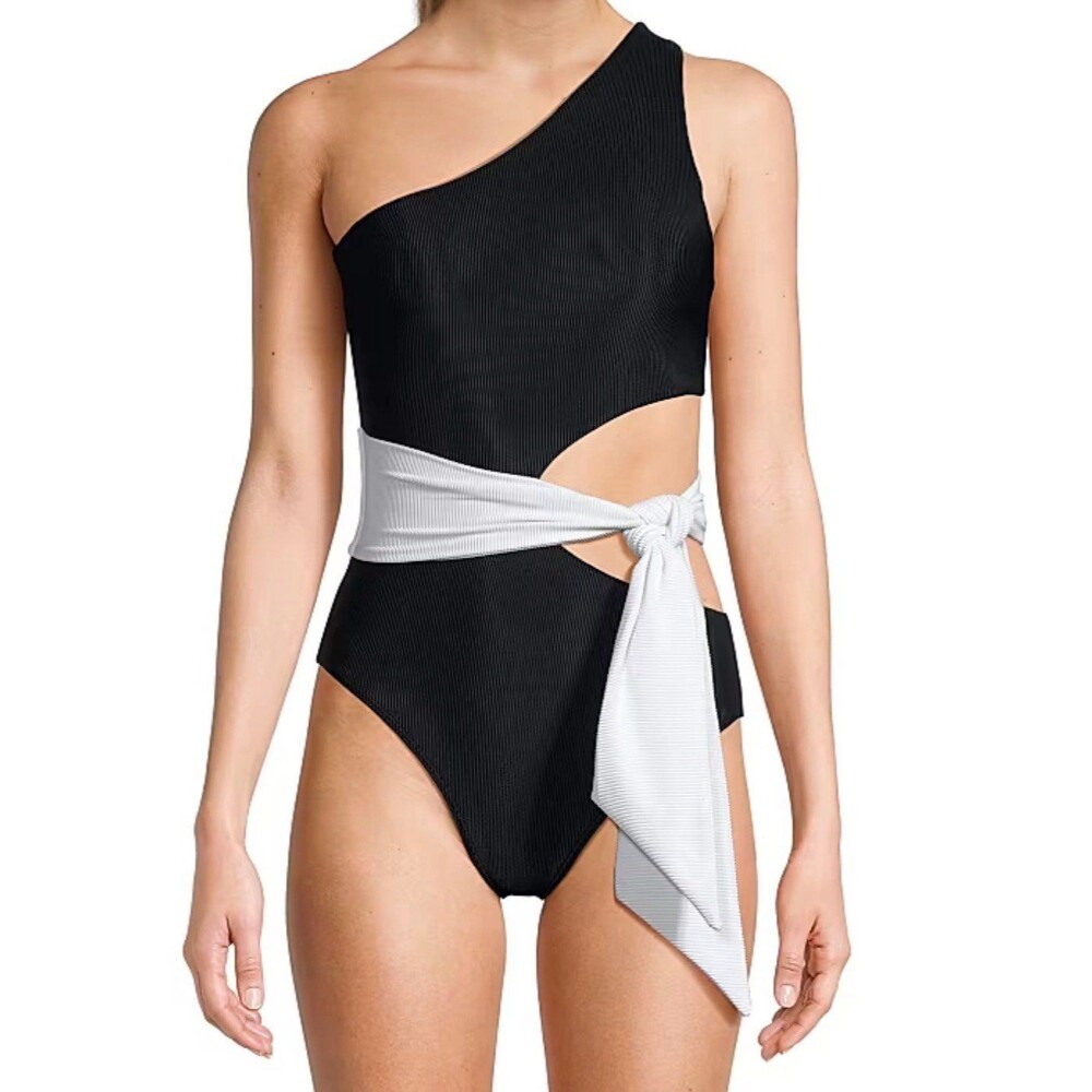 Beach Riot One Shoulder Ribbed One Piece Swimsuit Black White XL
